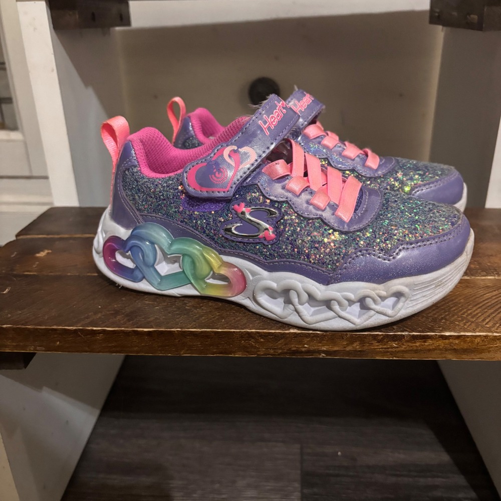 Skechers Heart Lights Love Spark Purple Pink Glitter Light Up Shoes Kids Size 12